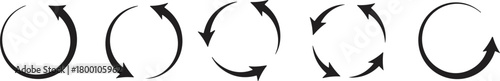 Flat vector illustration of circular arrow icons showing rotation, cycle process, refresh loop, continuous flow and recycling direction symbols for design