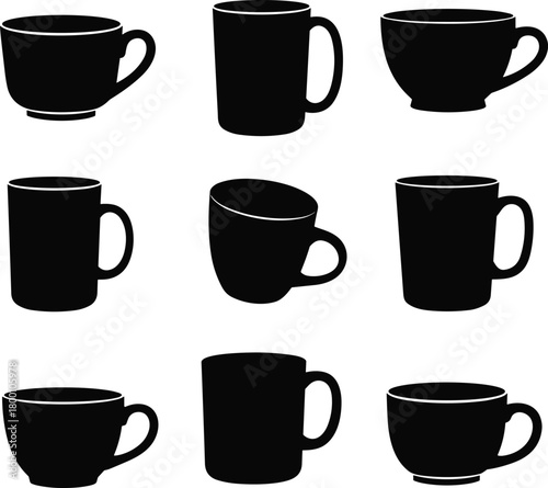 Collection of various mug and teacup silhouettes in clean monochrome vector style showcasing different shapes, handle designs, and beverage container concepts