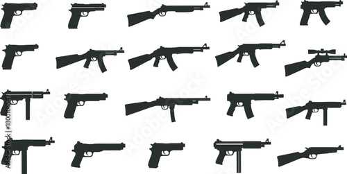 Collection of detailed firearm silhouette vector icons featuring pistols, rifles, and submachine guns designed for security themes, tactical illustrations, military graphics, and professional projects