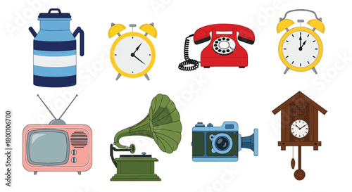 A collection of vintage objects including clocks radios and old technology