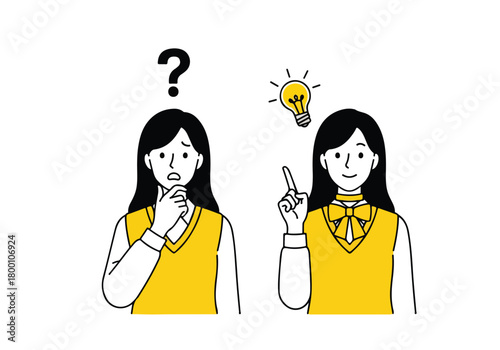Young female student illustration representing thought process, problem-solving, and sudden insightful ideas