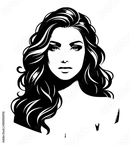 Elegant Silhouette: A stunning illustration of a woman with flowing, voluminous hair, radiating an aura of sophistication and poise, perfect for fashion and beauty concepts.