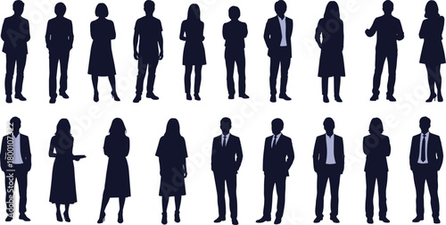 A diverse group of business people in silhouette, standing in two rows against a, representing teamwork and corporate culture