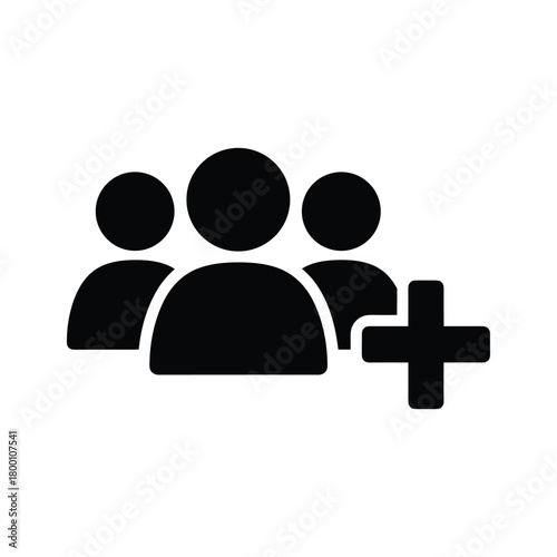 Icon representing a group of people with a plus sign, indicating adding new members or users, isolated on