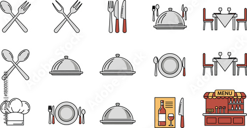 Collection of restaurant and dining icons including cutlery, plates, serving domes, tables, chairs, chef hat, and a menu stand, all 