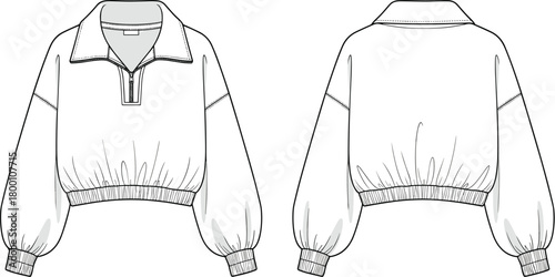Fashion flat sketch of a womens cropped quarterzip sweatshirt with long balloon sleeves and elasticated cuffs and hem, shown from front and back views, 