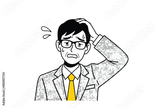 Stressed businessman in a suit with glasses scratching his head, feeling puzzled, worried, or facing a difficult problem