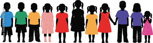 A diverse group of children in silhouette, standing together in a line against a, showcasing individuality and unity