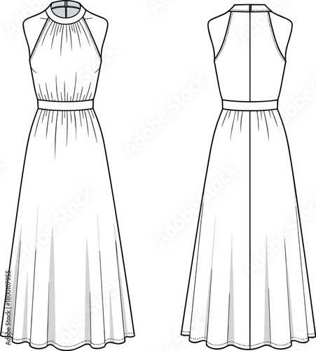 Fashion illustration of a sleeveless halter neck maxi dress with a defined waist and flowing skirt, shown from front and back views