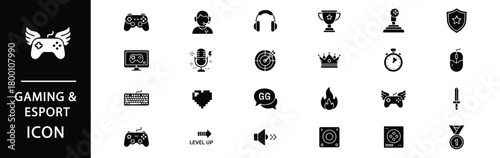 Elevate your gaming content with these sleek icons showing controllers, headsets, trophies and more for professional designs and dynamic projects