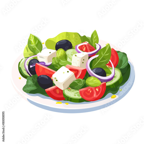 Greek Salad, 2D flat vector illustration in icon style, isolated on a white background