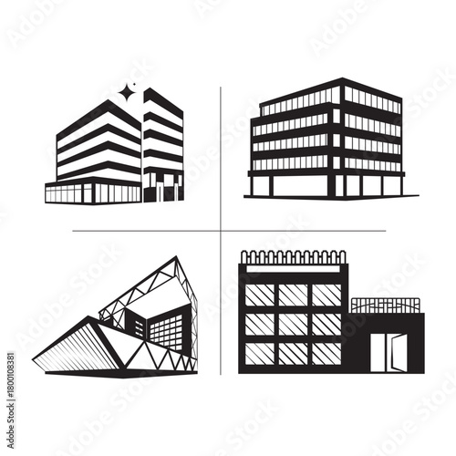 Bank, Hotel, Courthouse. Buildings line icon. City, Real estate, Architecture, buildings icons. Hospital, town house, museum. Urban architecture, city skyscraper, downtown. black isolated Vector