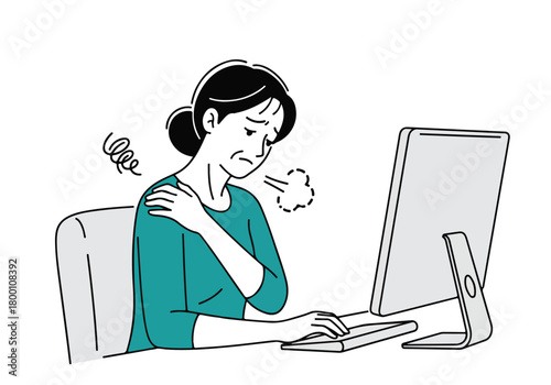 Woman experiencing shoulder and neck pain while working on computer, illustrating work-related stress and fatigue