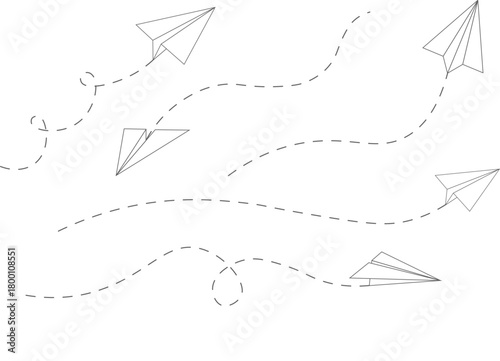Paper airplane outline set with flying planes in various angles and directions