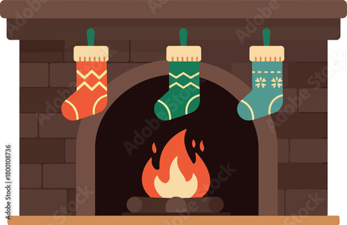 Festive Brick Fireplace with Hanging Christmas Stockings and Fire