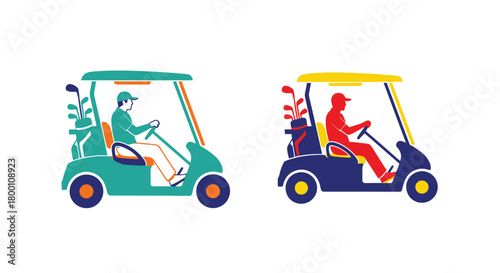 Colorful illustration depicting two golf carts each with a single driver
