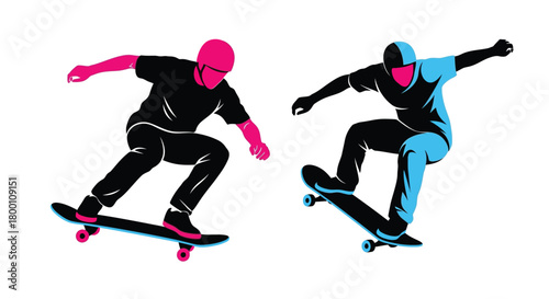 Dynamic skateboarding silhouettes of two athletes in vibrant pink and blue hues