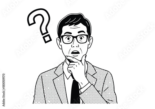 Puzzled businessman in glasses and suit with a question mark, pondering a complex problem or important decision.