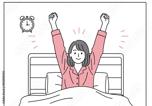 Happy young woman stretching arms up in bed after waking up, feeling refreshed and ready for a productive new day start