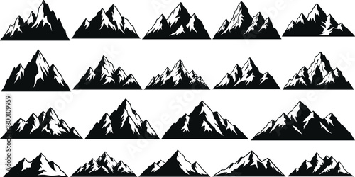 Comprehensive collection of fifteen diverse mountain range illustrations, , presenting a variety of peaks and formations in a graphic, silhouette style