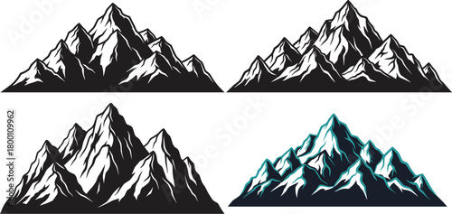 Collection of four stylized mountain range illustrations, , showcasing different peaks and perspectives with dramatic shading and highlights