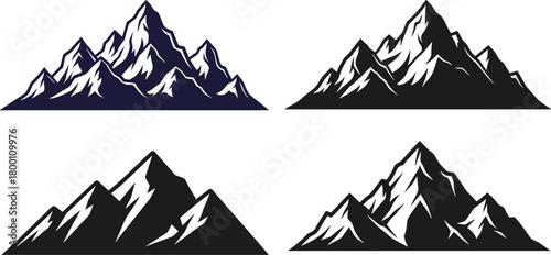 Set of four distinct mountain silhouette illustrations, , featuring various jagged peaks and slopes in dark tones for graphic design use