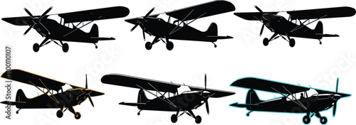 Six silhouettes of biplane aircraft, with one in a teal outline