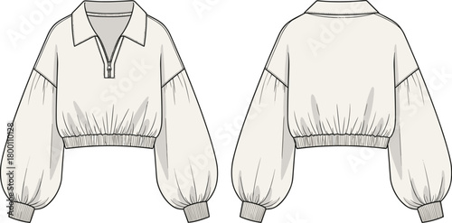 Fashion illustration of a cropped collared sweatshirt with voluminous balloon sleeves, front and back view