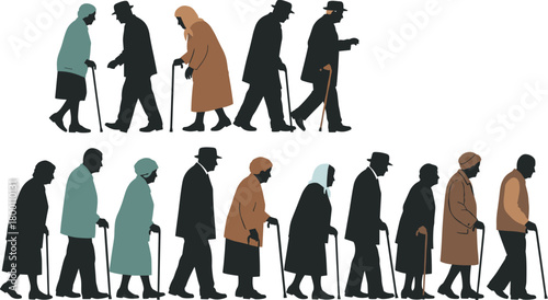 Silhouettes of elderly people walking with canes, representing aging and the passage of time