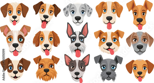 A collection of diverse dog faces, featuring various breeds and expressions, 
