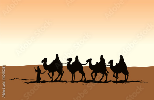 Camel caravan travels. Vector drawing