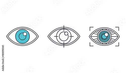 Three stylized blue and black eyes with different visual representations of focus and scanning vision