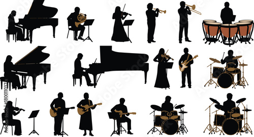 Collection of musical instrument silhouettes and musicians playing, including piano, violin, trumpet, guitar, and drums