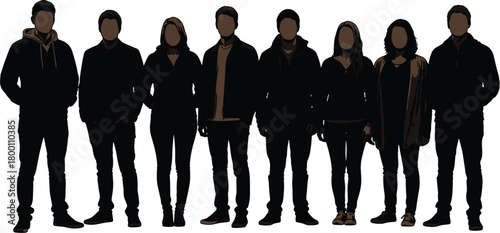 Group of diverse people standing together in silhouette, wearing casual winter clothing like jackets and hoodies