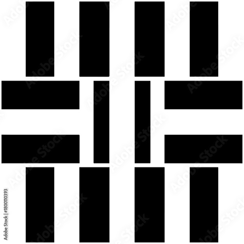 Abstract geometric pattern with bold black and white rectangular shapes creating a symmetrical and modern visual design with a sense of depth and repetition