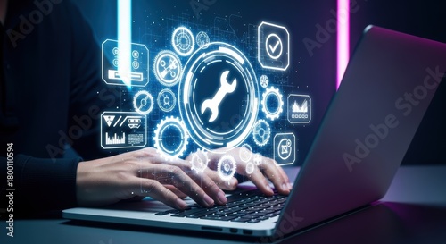 Person using laptop with glowing wrench and gear icons symbolizing digital support and software maintenance online