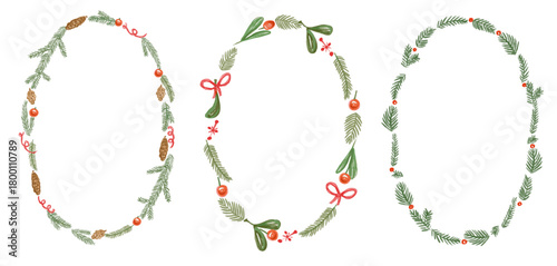 Hand-drawn oval vector Christmas frames made of pine branches, bows, cones, and festive greenery, doodle-style holiday wreath designs perfect for cards, posters, stationery, and seasonal decoration