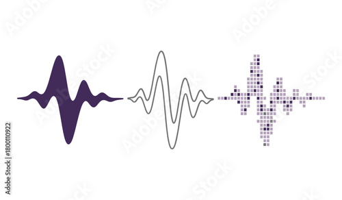 Three distinct sound wave visualizations in purple gray and pixelated forms audio graphic