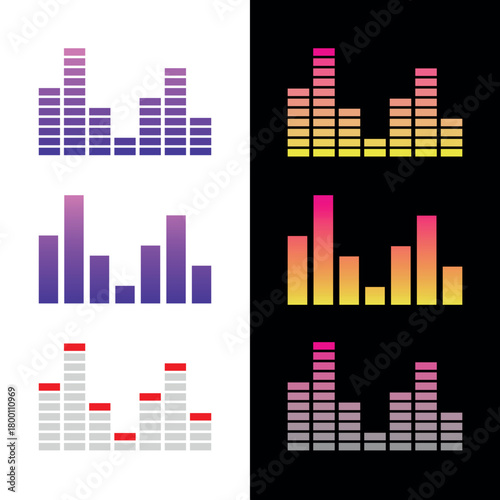 An equalizer or sound icon. A sound wave, spectrogram (sonogram), or diagram. A symbol for sound volume. A screen or player attribute. A symbol for sound, speech (voice), or music. 