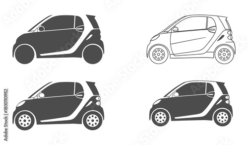Four stylized smart cars in silhouette and outline on white background automobile vehicle
