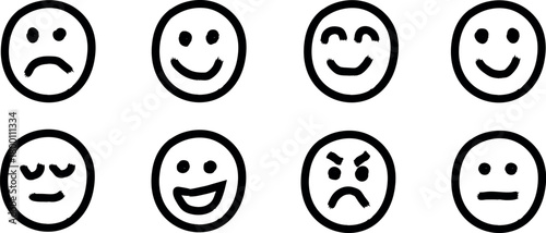Eight black hand drawn emoji emoticons set showing various moods and emotional expressions