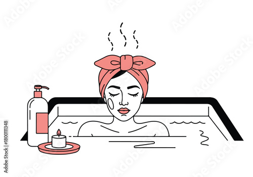 Relaxing woman in a bubble bath with a face mask, steam, candle, and lotion for self-care and wellness