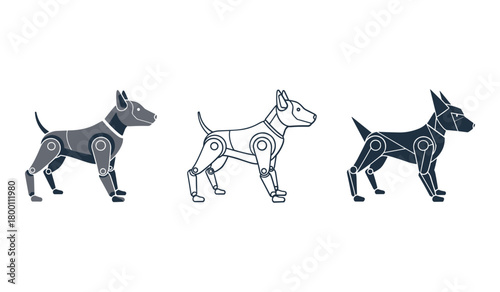 Three stylized robotic dog icons in grey blue and outline styles mechanical animal