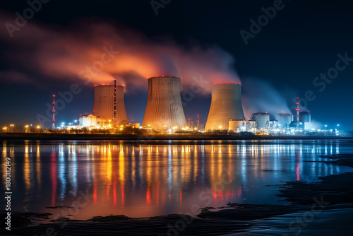 Time-lapse style image of night lights around nuclear power plant, long exposure effect