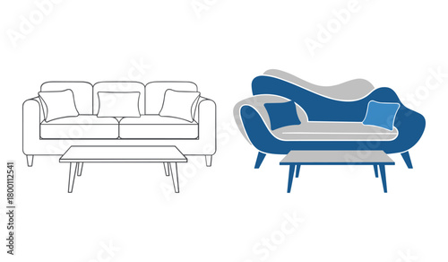 Line drawing and graphic design of a sofa and coffee table couch furniture