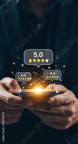 Customer satisfaction shown with star ratings on a mobile phone