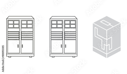 Line art and graphic of tall cabinets and a cube with geometric design cupboard storage