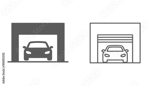 Two grey car garage icons one solid one outline vehicle automobile