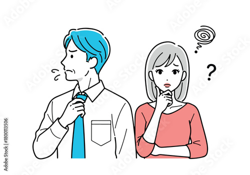Stressed man adjusting his tie feeling uneasy beside a confused woman pondering a complex problem or a dilemma.