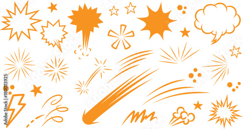 Collection of hand drawn orange comic book style explosion and starburst graphic elements on white background